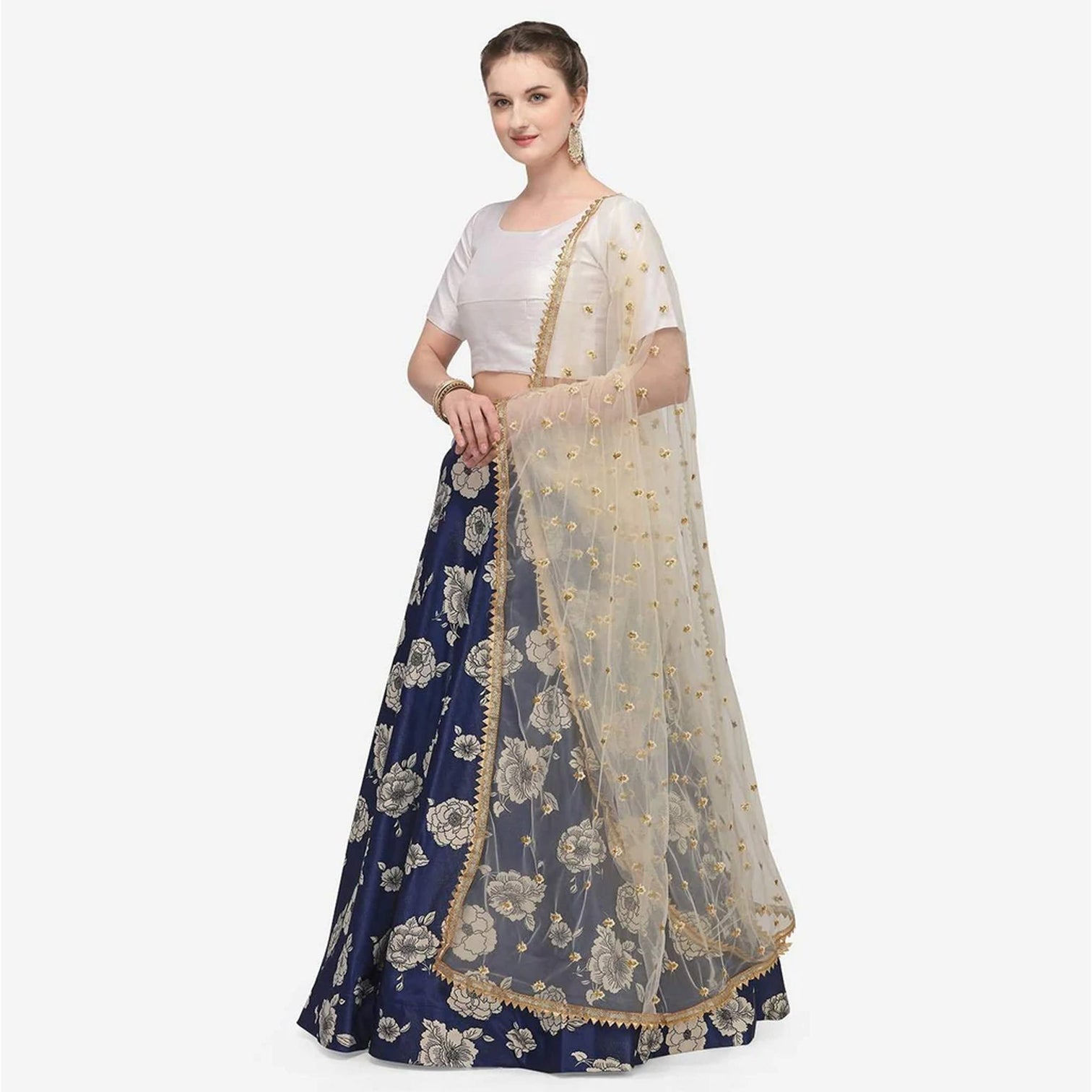 Dark Blue Color Zari Silk Lehenga Choli with Net Dupatta