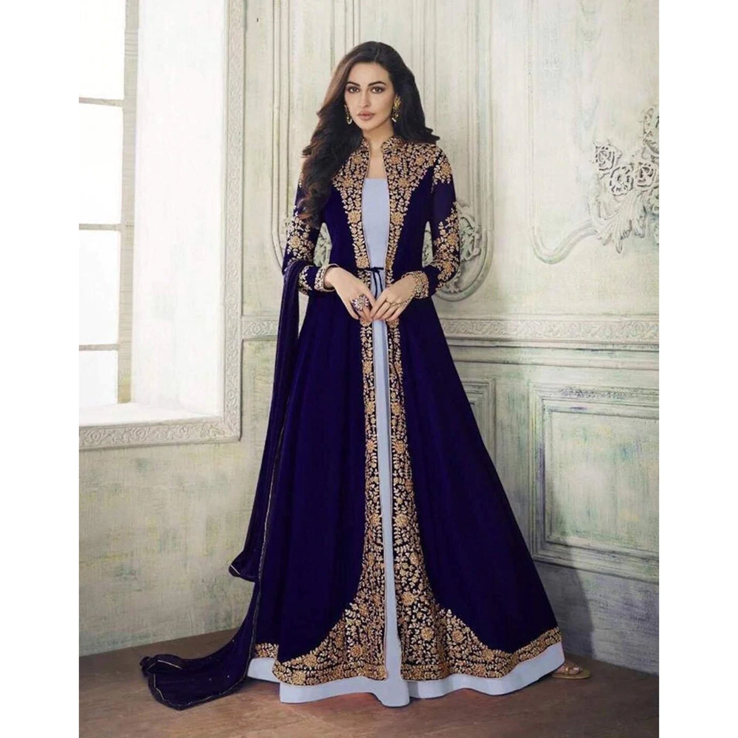 Dark Blue Designer Georgette Gown with Heavy Embroidery Work