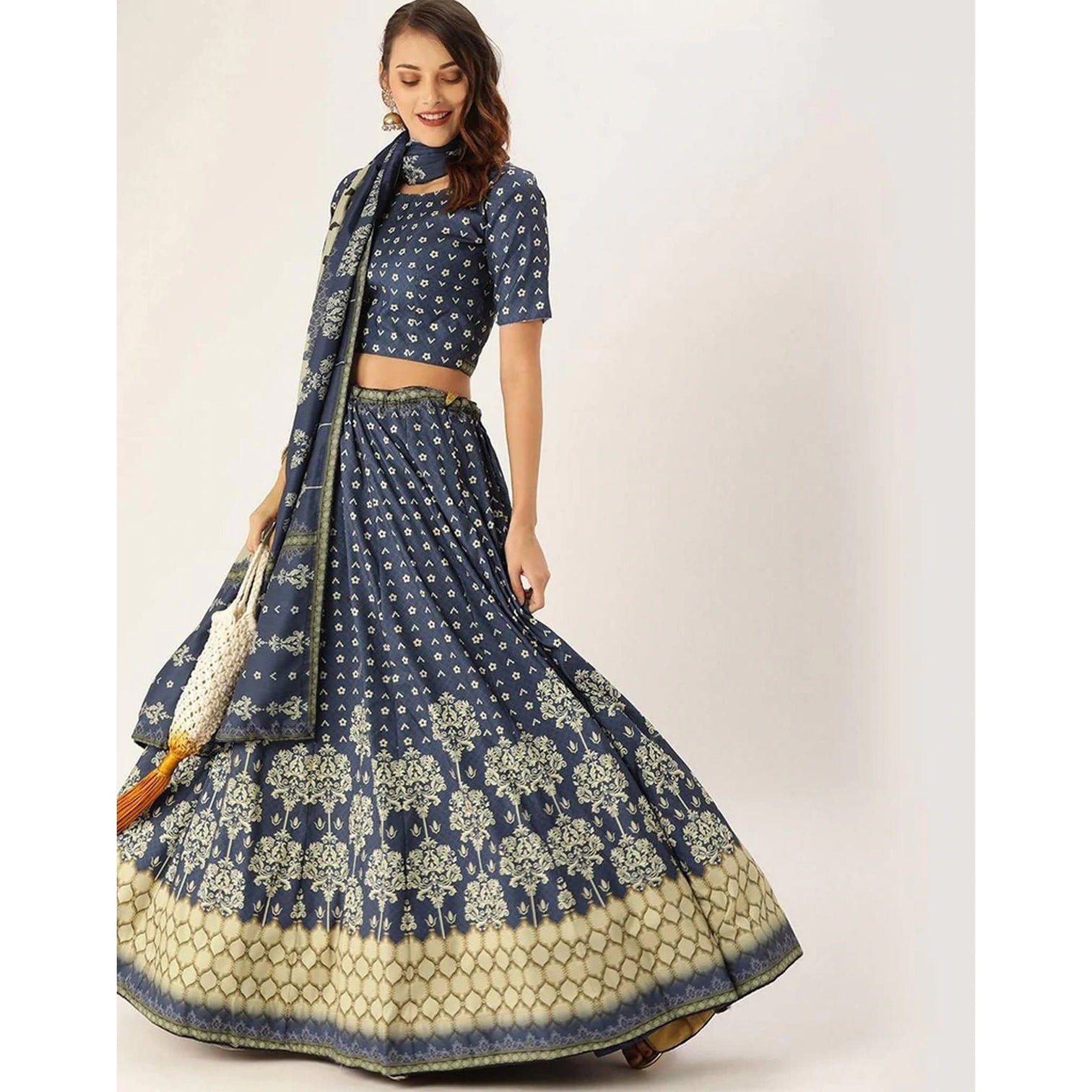 Dark Blue Lehenga Choli with Maslin Silk Dupatta
