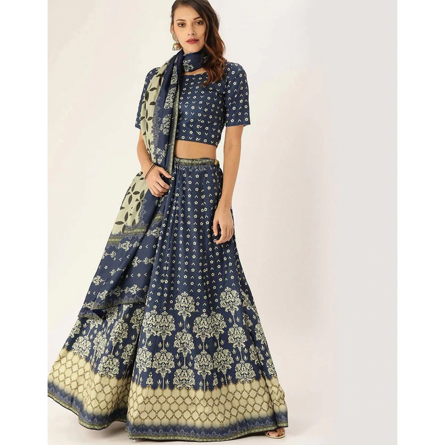 Dark Blue Lehenga Choli with Maslin Silk Dupatta