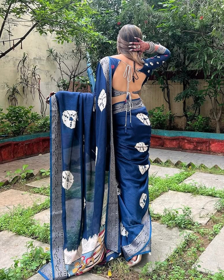 Navy Blue Tussar Silk Saree with White Floral Prints & Zari Border