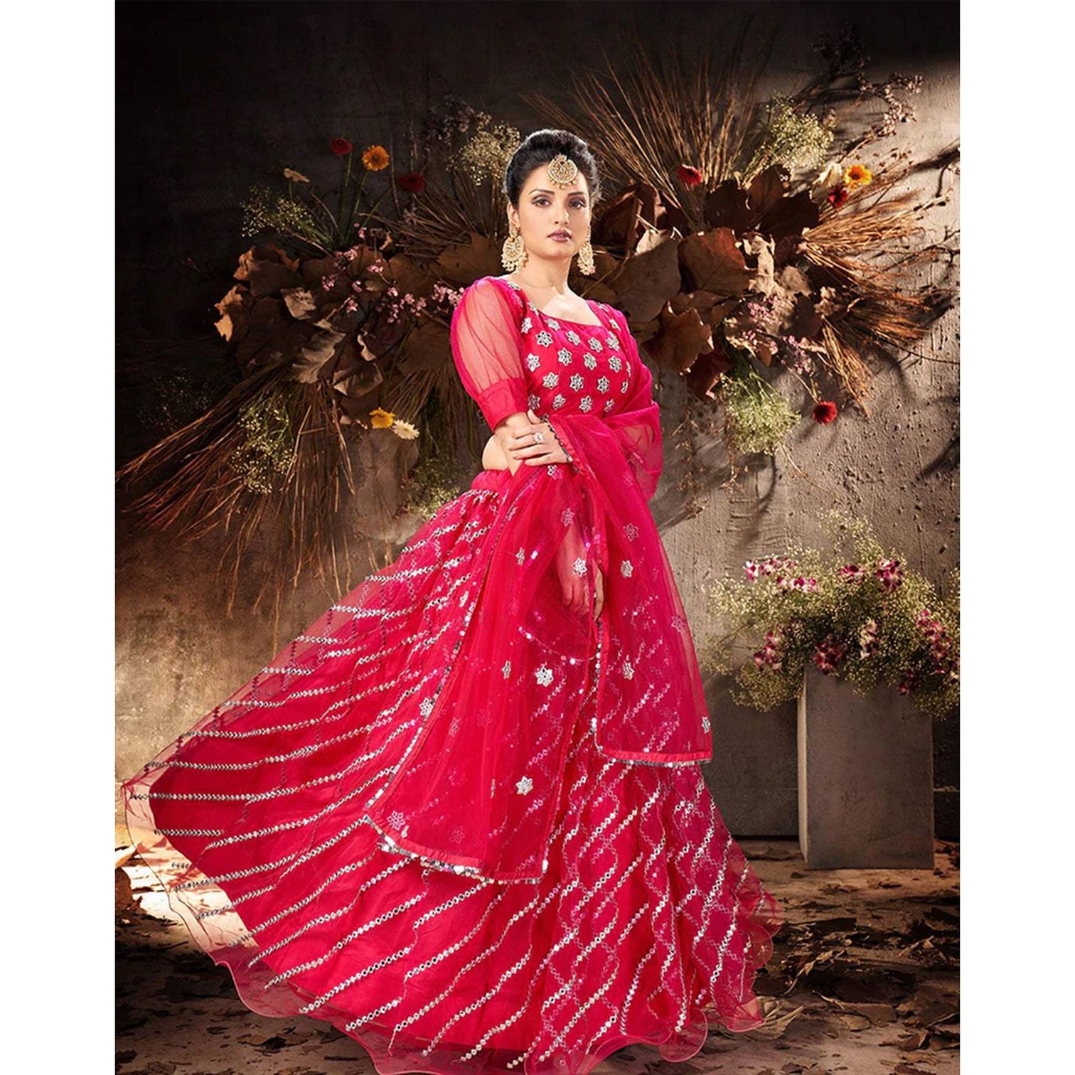 Pink Lehenga Choli in Net with Heavy Embroidery Work