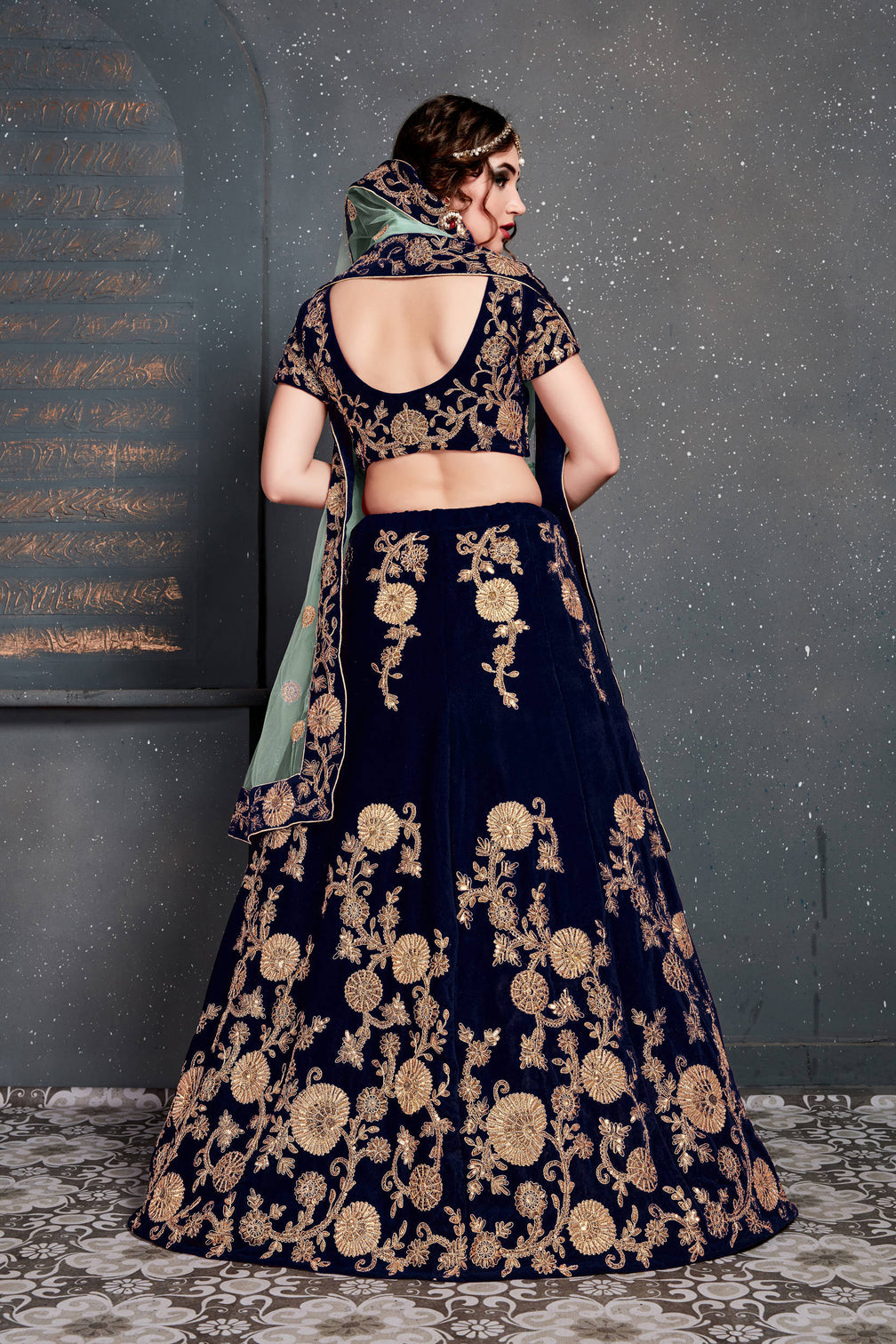 Beautiful Navy Blue Bridal Wear Embroidered Velvet Lehenga Choli