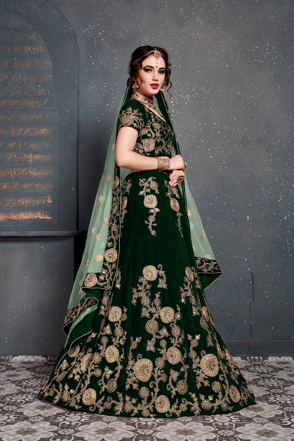 Demanding Dark Green Bridal Wear Embroidered Velvet Lehenga Choli