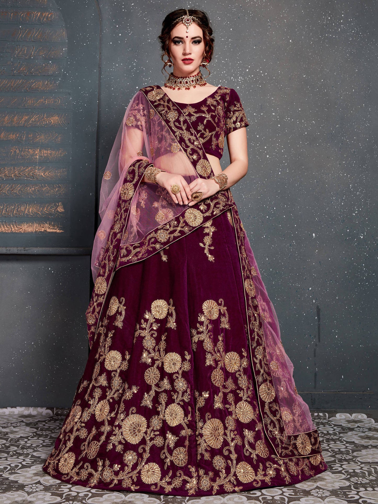 Purple Embroidered Velvet Bridal Semi Stitched Lehenga Choli