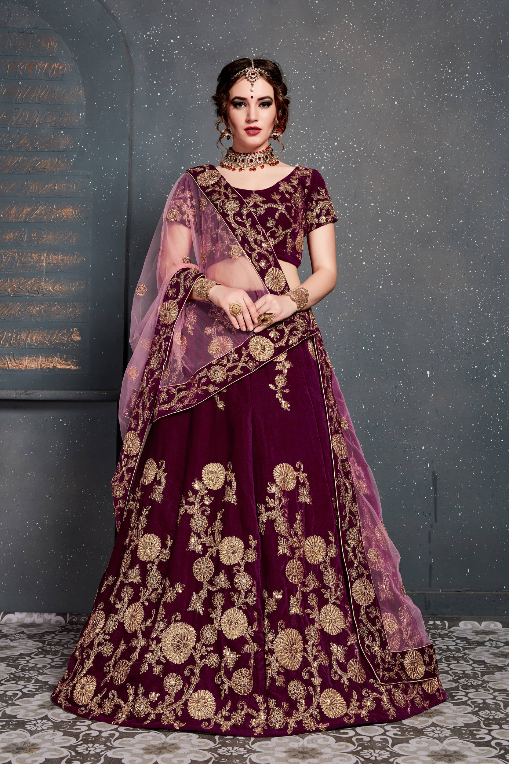 Energetic Purple Bridal Wear Embroidered Velvet Lehenga Choli