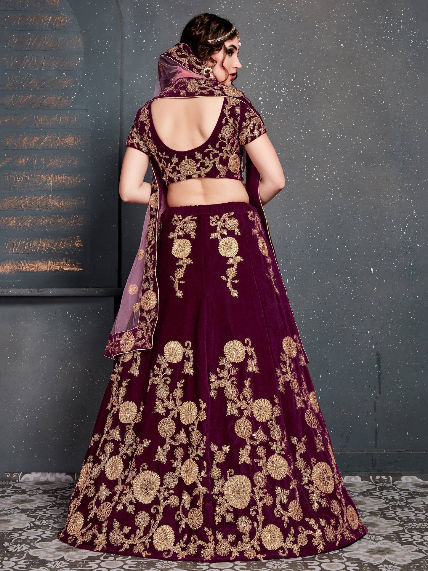 Purple Embroidered Velvet Bridal Semi Stitched Lehenga Choli