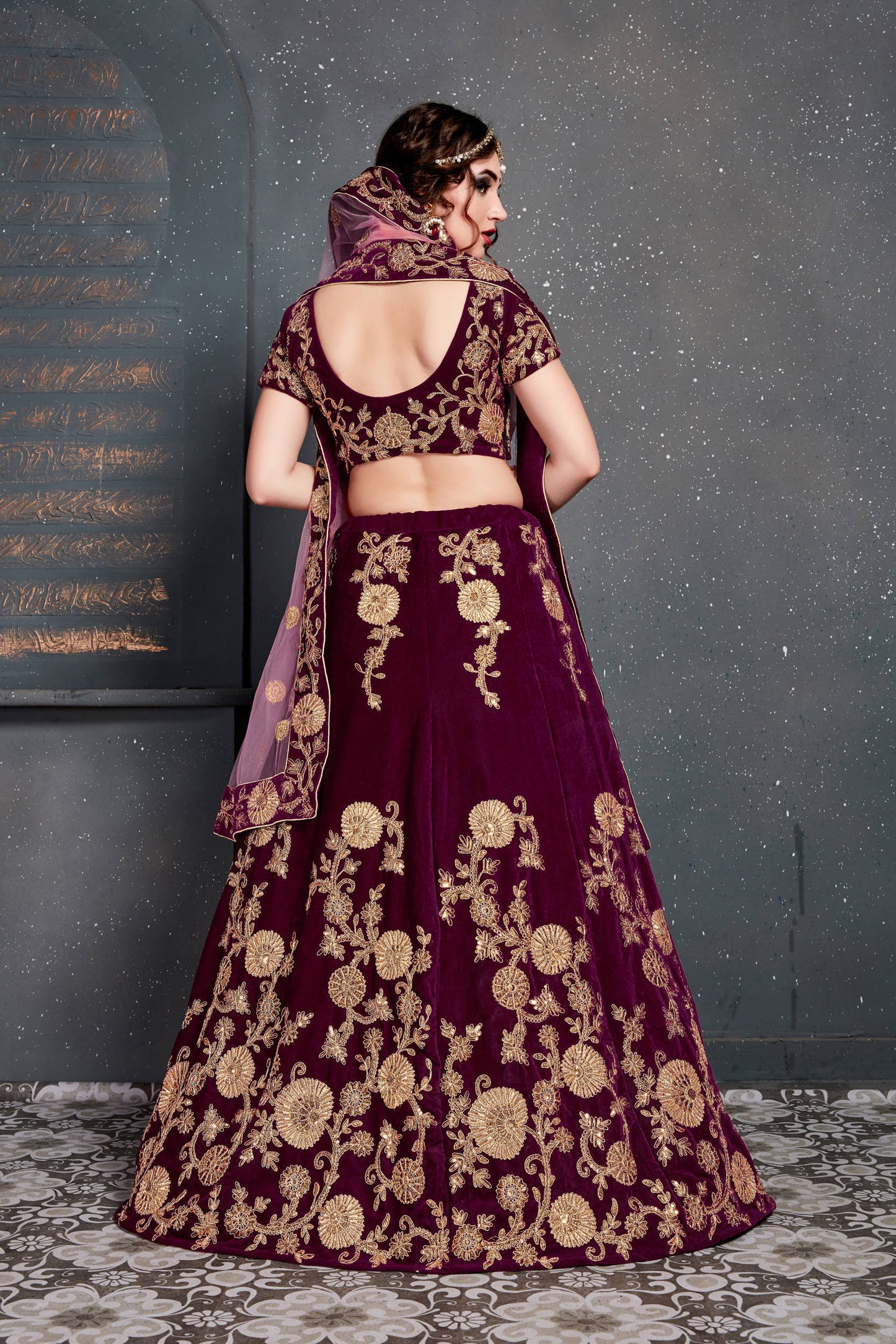 Energetic Purple Bridal Wear Embroidered Velvet Lehenga Choli