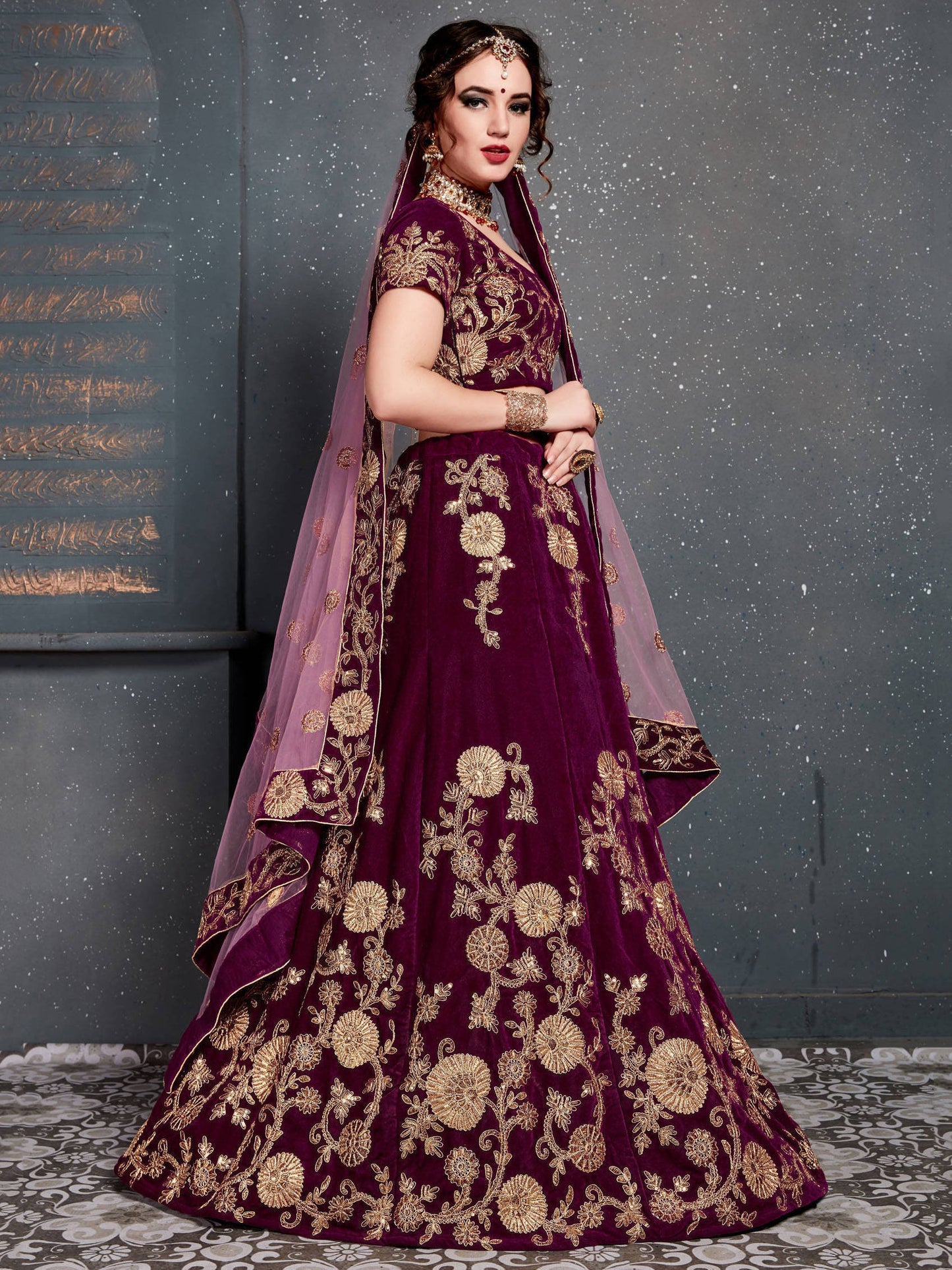 Purple Embroidered Velvet Bridal Semi Stitched Lehenga Choli