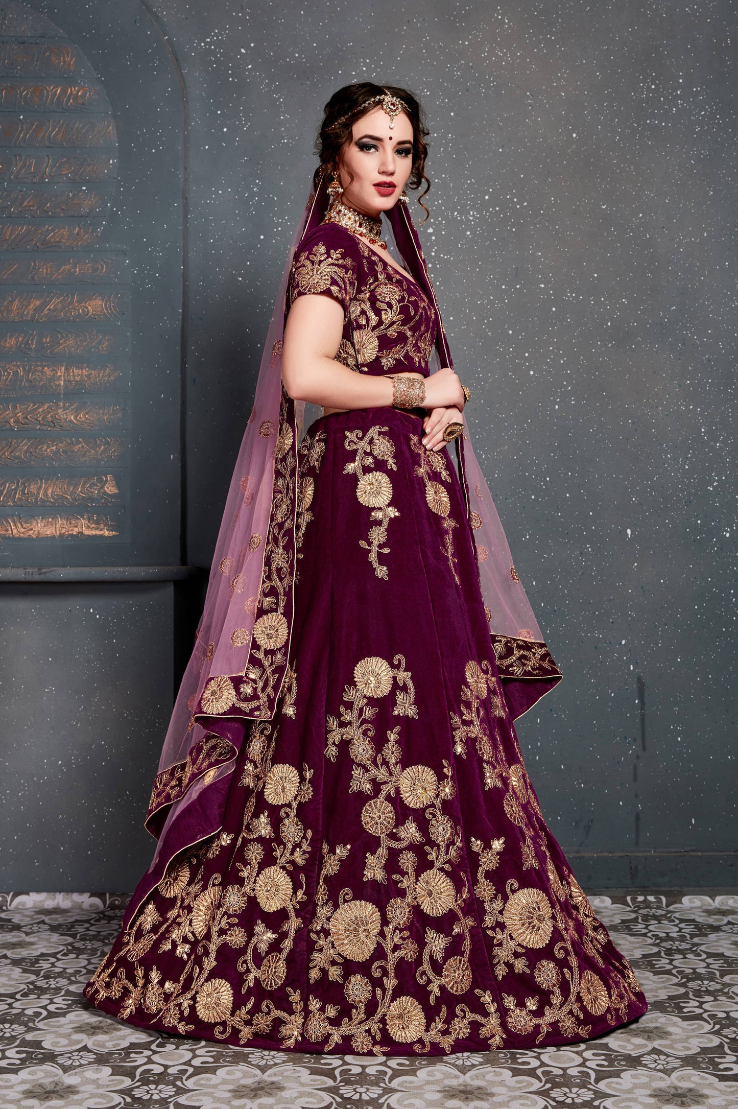 Energetic Purple Bridal Wear Embroidered Velvet Lehenga Choli