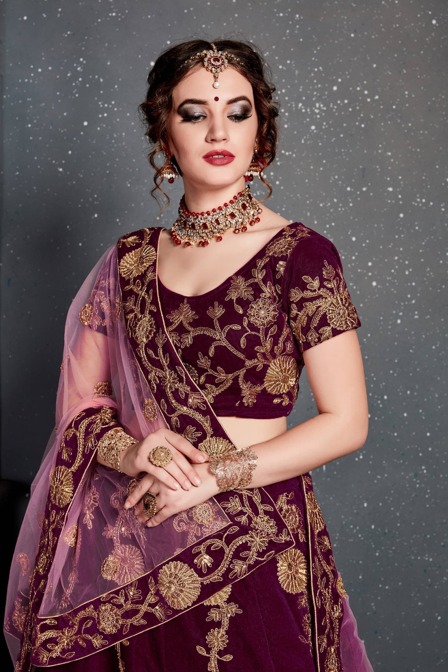 Purple Embroidered Velvet Bridal Semi Stitched Lehenga Choli