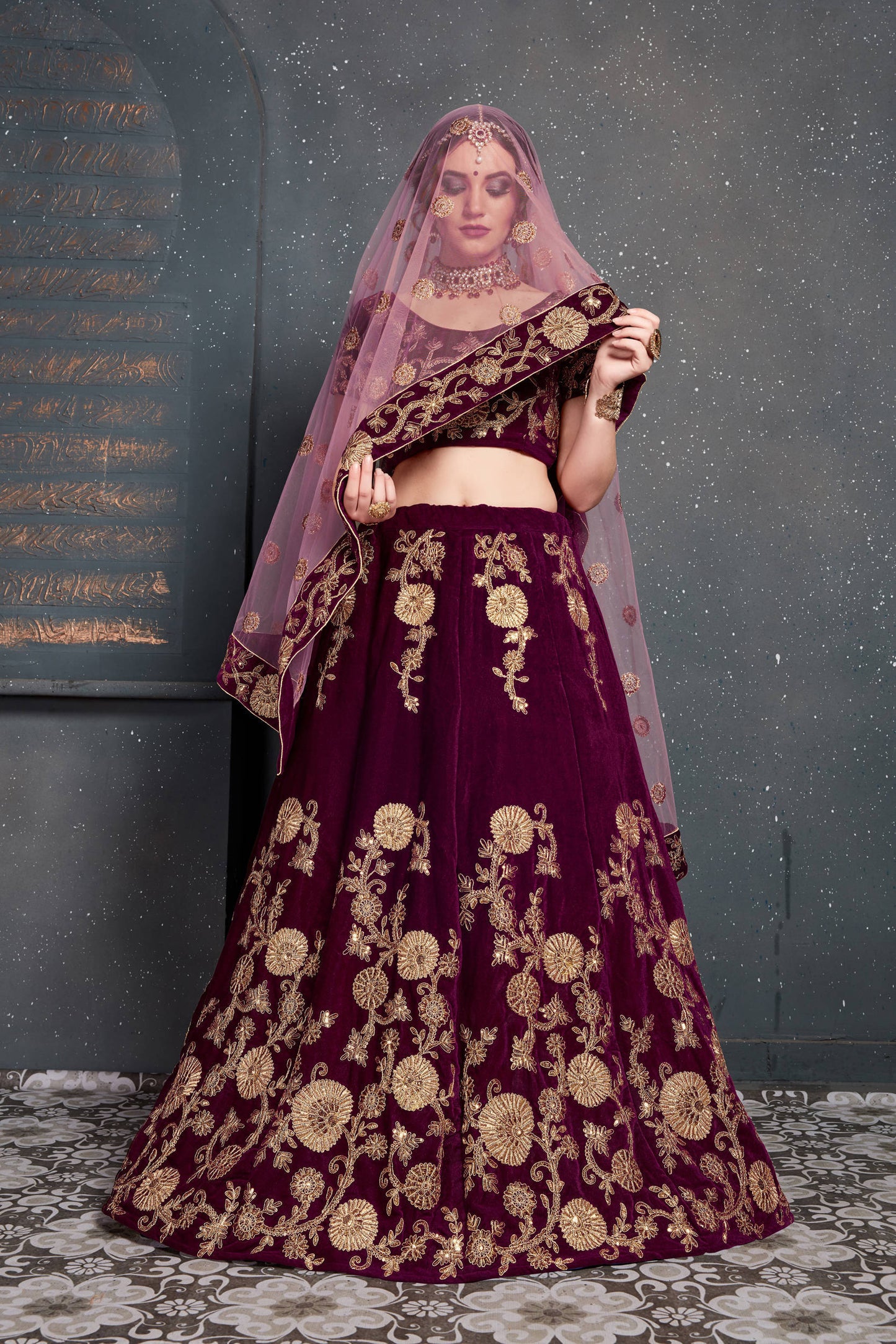 Energetic Purple Bridal Wear Embroidered Velvet Lehenga Choli