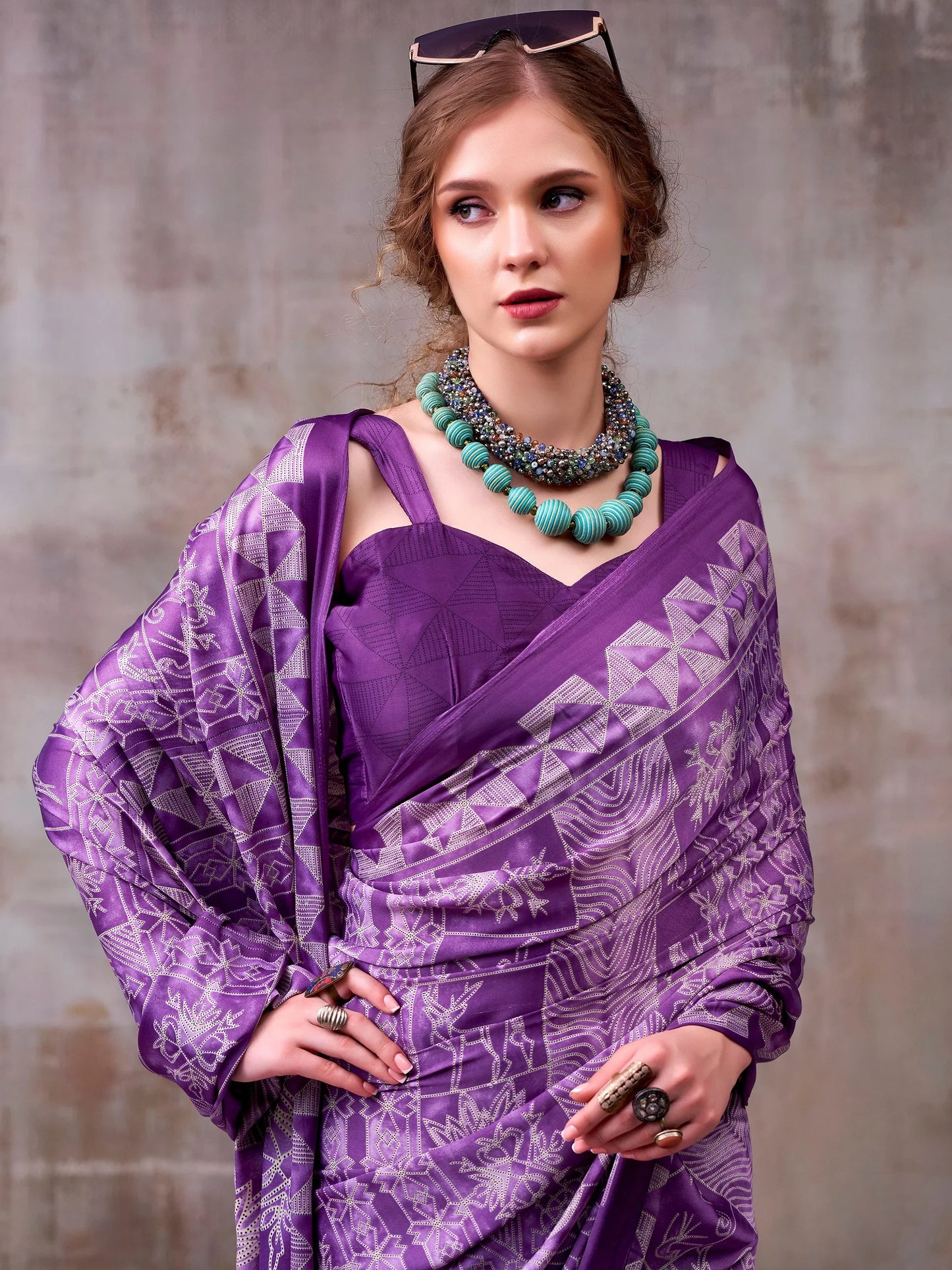 Adoring Purple Printed Satin Casual Saree With Blouse