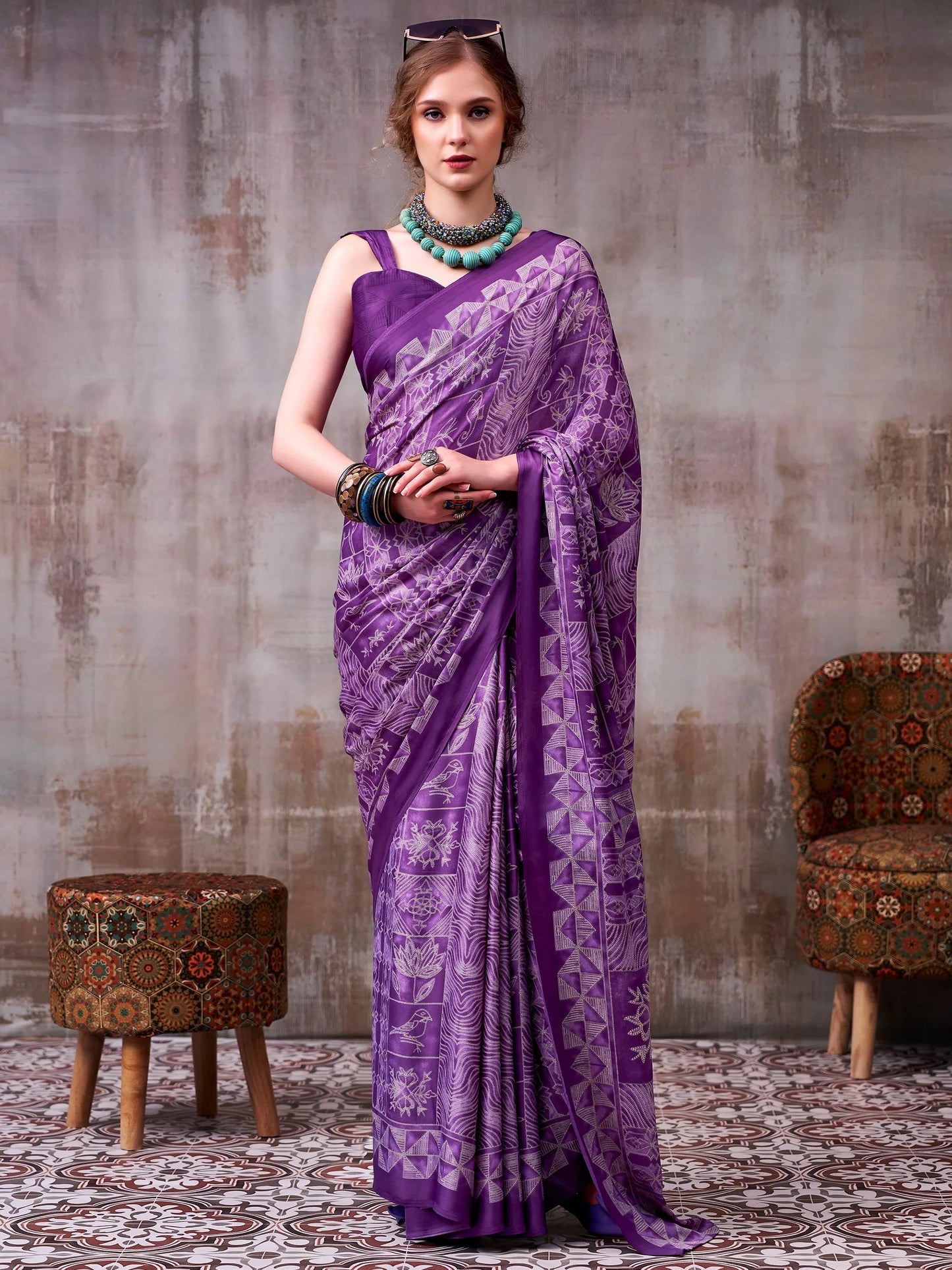 Adoring Purple Printed Satin Casual Saree With Blouse
