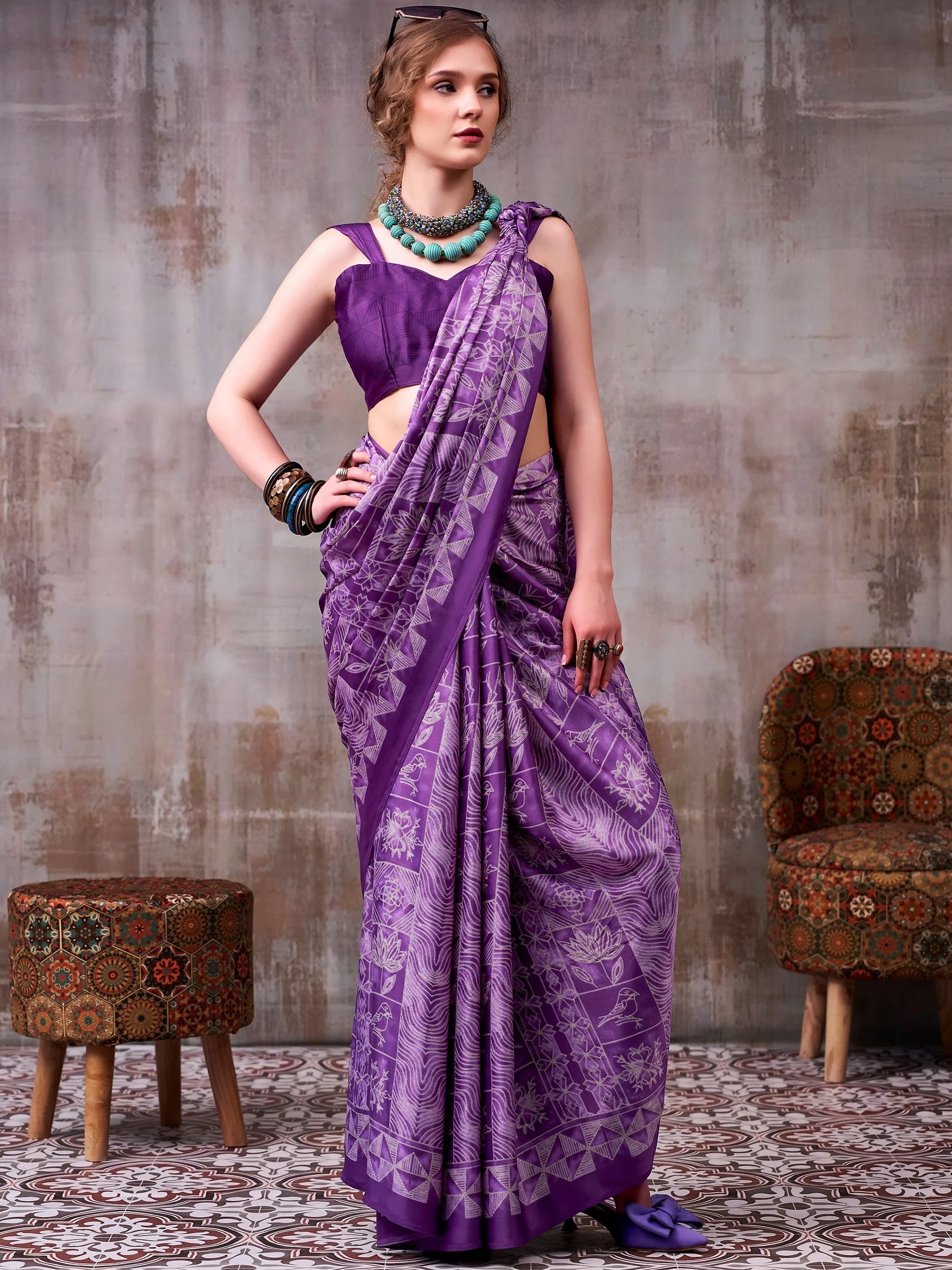 Adoring Purple Printed Satin Casual Saree With Blouse