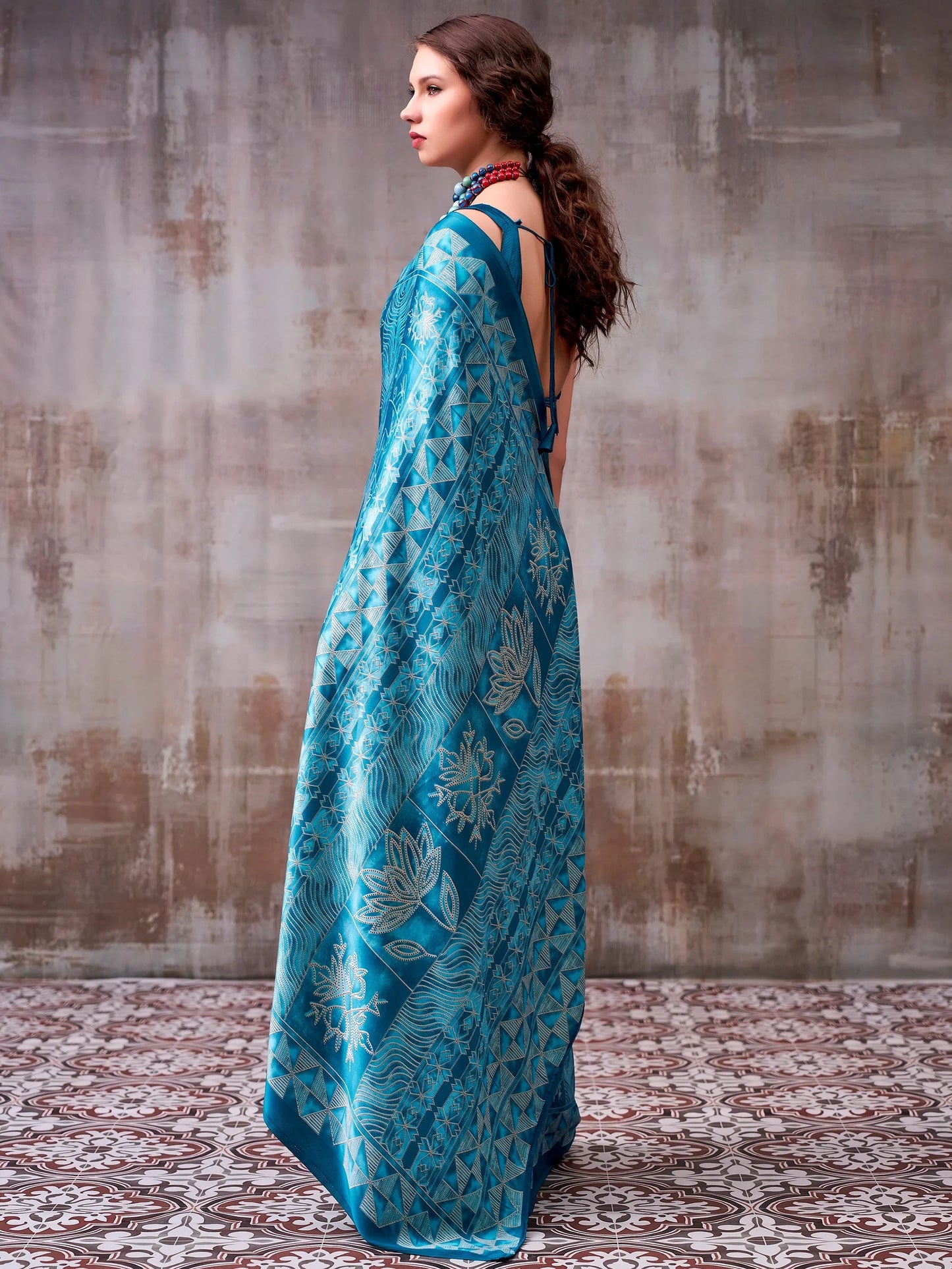 Dazzling Sky-Blue Printed Satin Function Wear Saree With Blouse