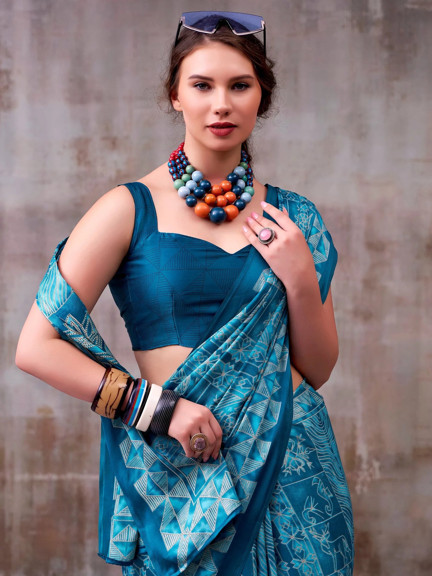 Dazzling Sky-Blue Printed Satin Function Wear Saree With Blouse