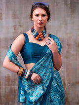 Dazzling Sky-Blue Printed Satin Function Wear Saree With Blouse