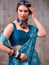 Dazzling Sky-Blue Printed Satin Function Wear Saree With Blouse