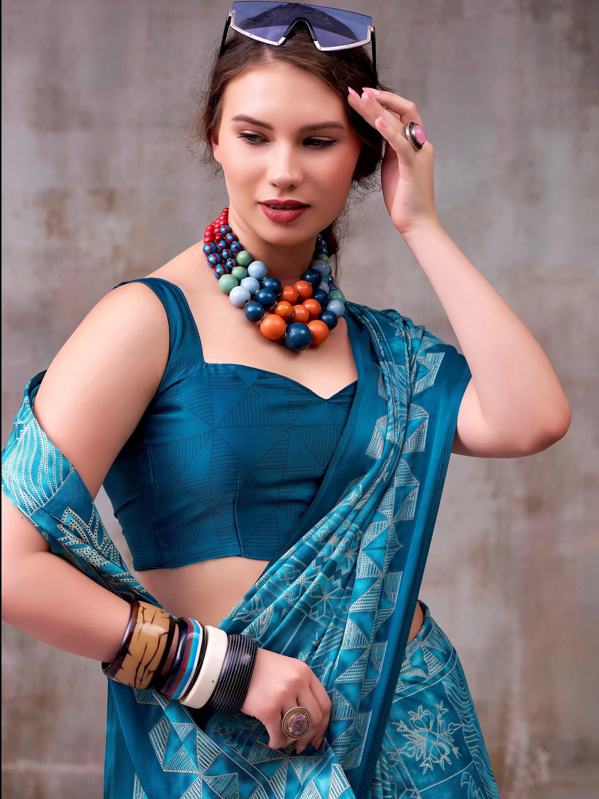 Dazzling Sky-Blue Printed Satin Function Wear Saree With Blouse