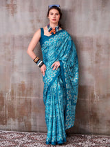 Dazzling Sky-Blue Printed Satin Function Wear Saree With Blouse
