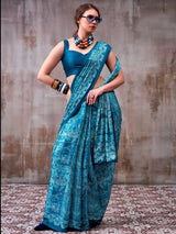 Dazzling Sky-Blue Printed Satin Function Wear Saree With Blouse