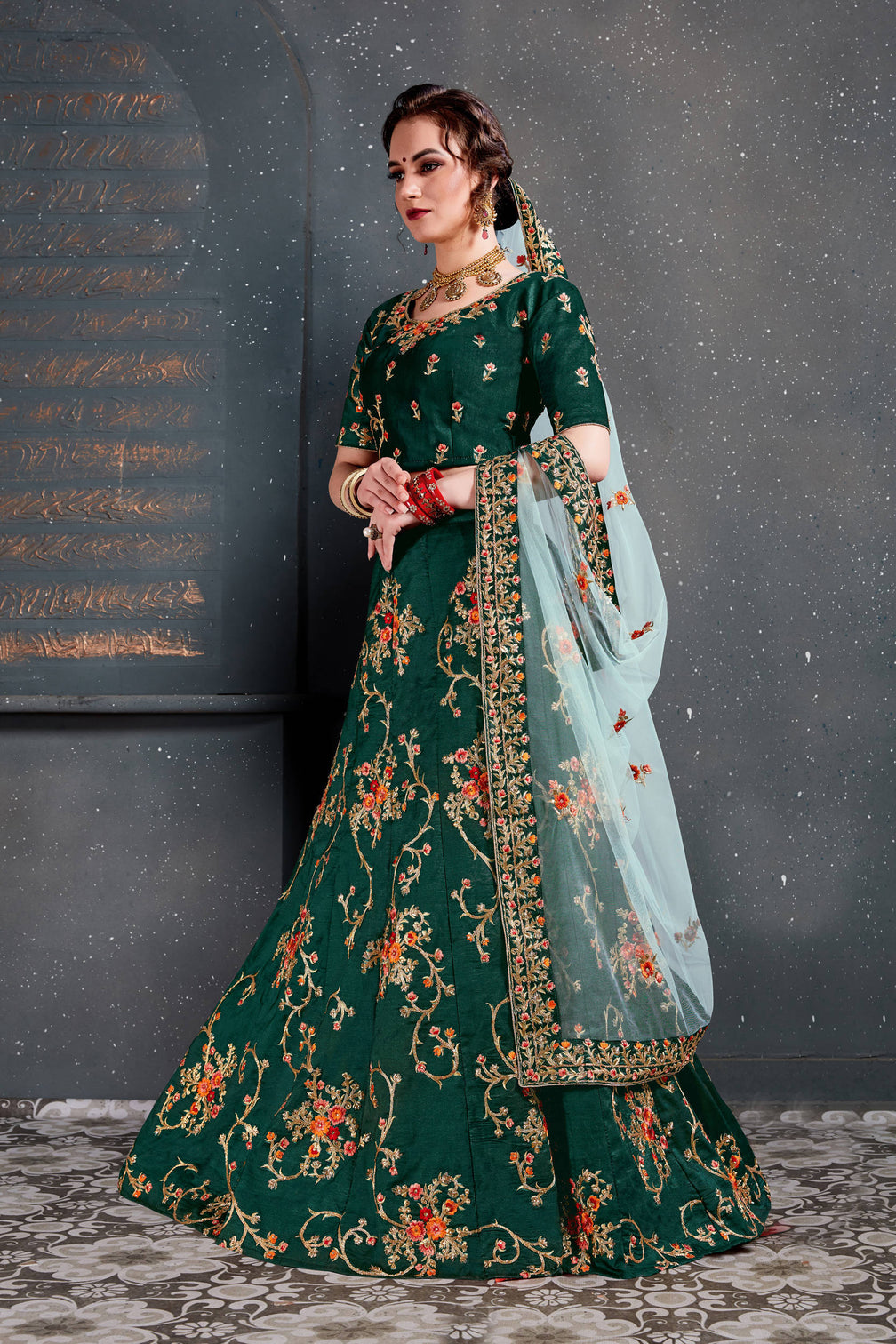 Ethnic Green Bridal Wear Embroidered Taffeta Silk Lehenga choli