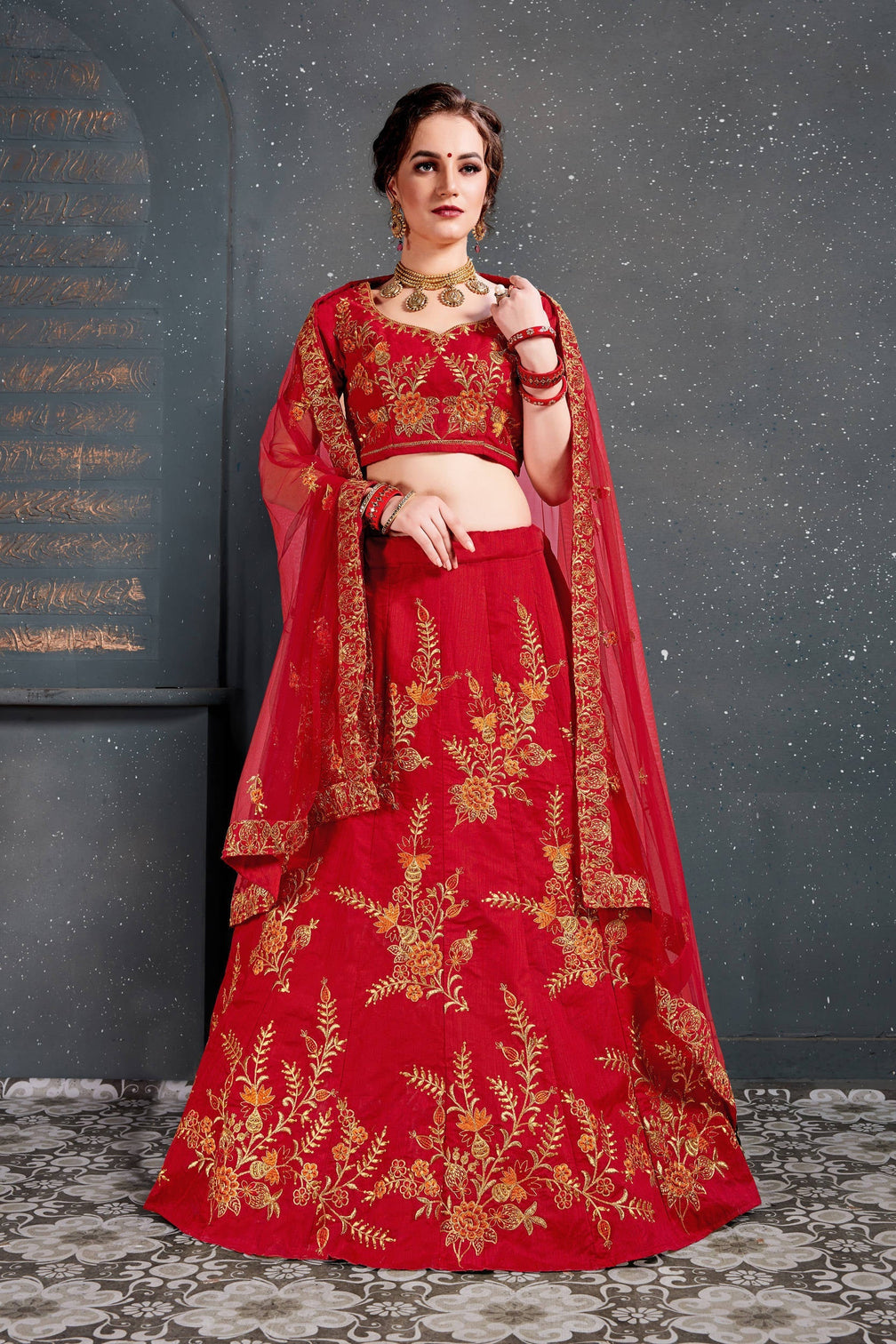 Flaunt Red Bridal Wear Embroidered Slub Silk Lehenga Choli