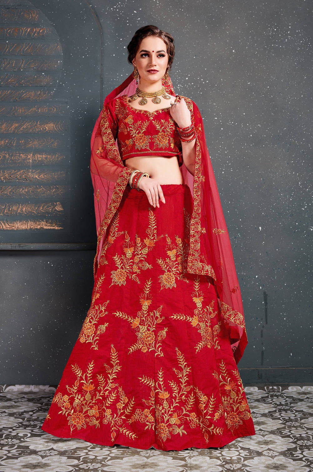 Flaunt Red Bridal Wear Embroidered Slub Silk Lehenga Choli