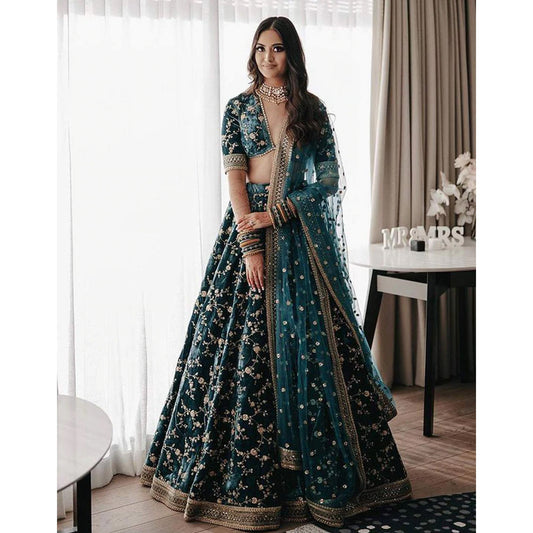 Dark Green Color Pure Velvet Bridal Wear Embroidered Lehenga Choli