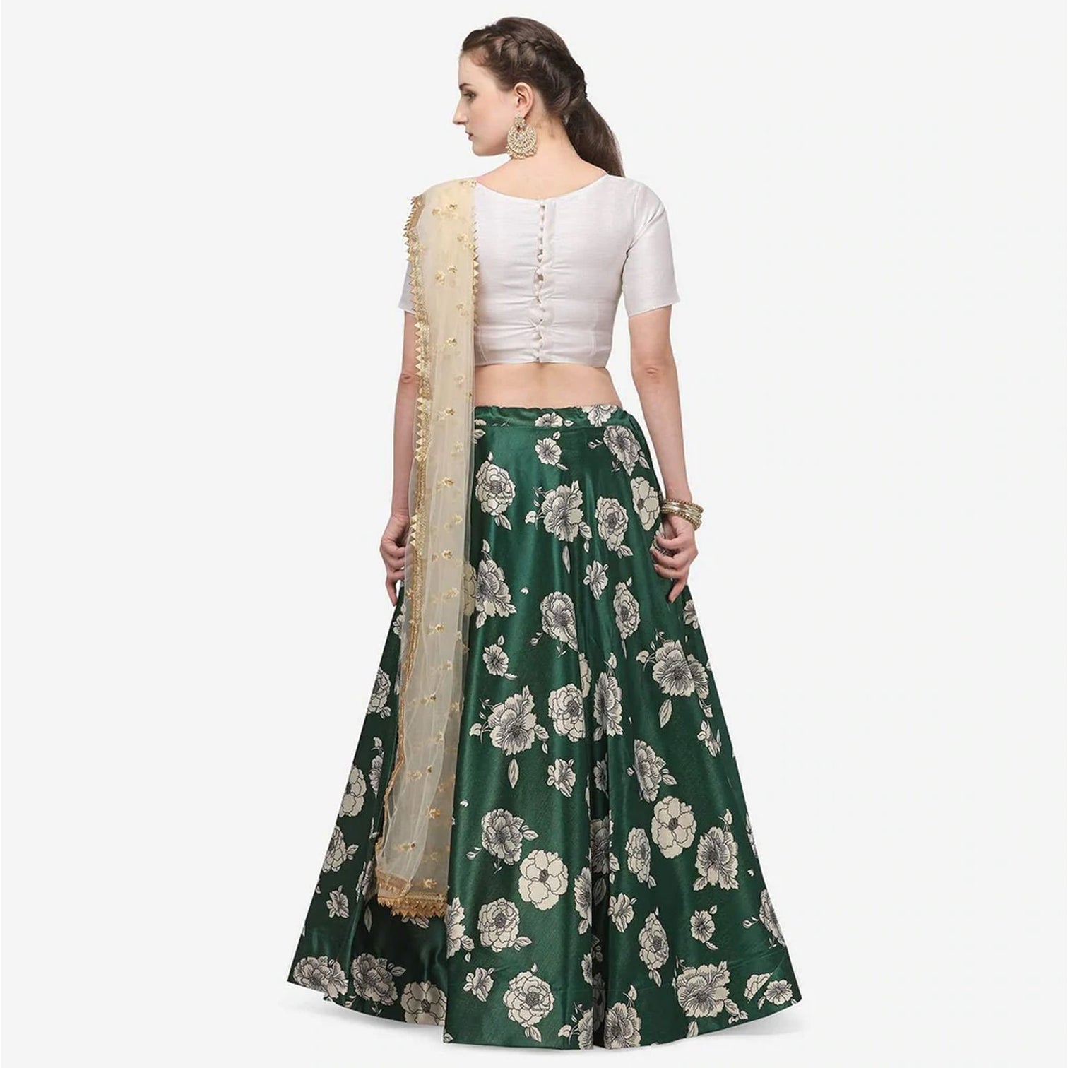 Dark Green Color Zari Satin Lehenga Choli with Net Dupatta