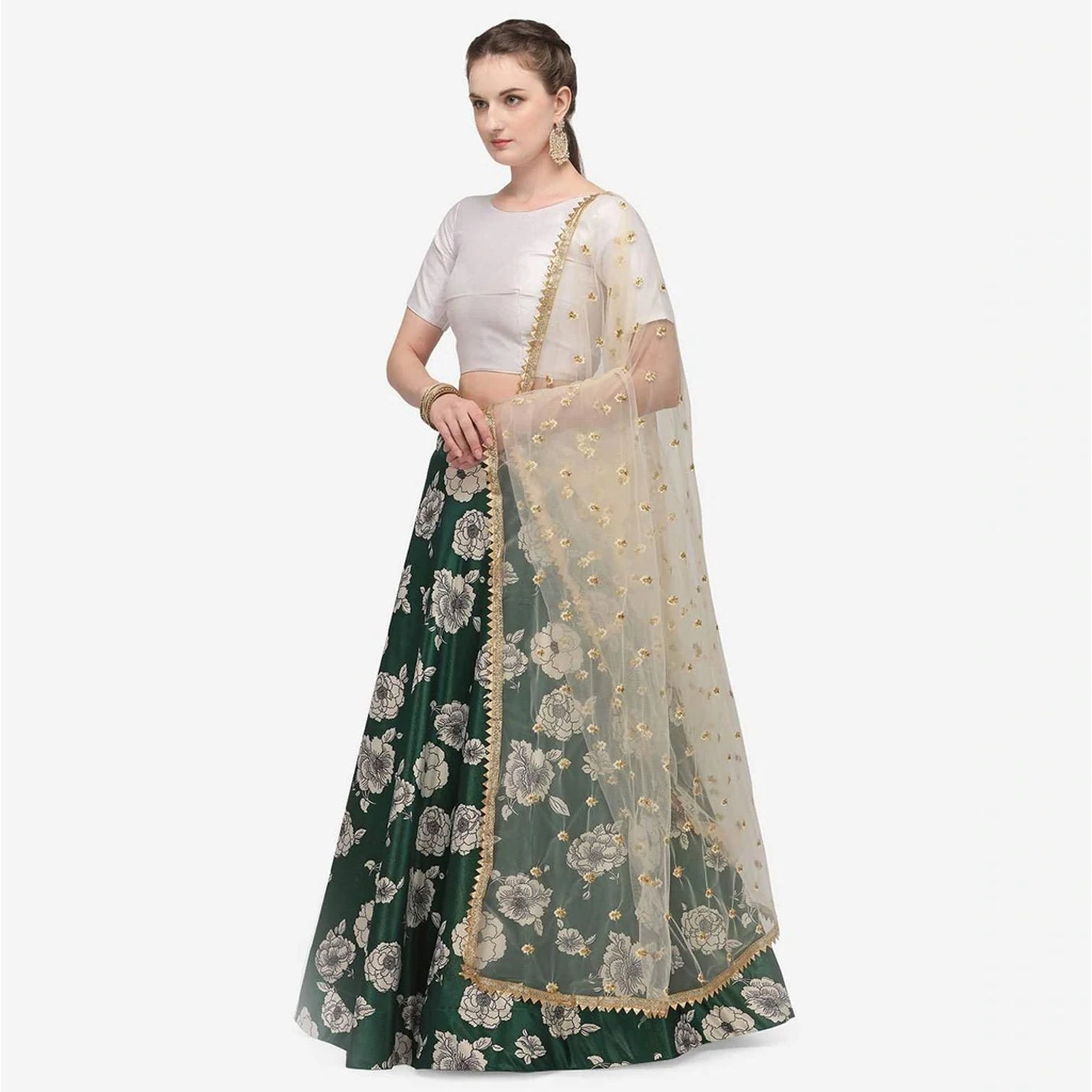 Dark Green Color Zari Satin Lehenga Choli with Net Dupatta
