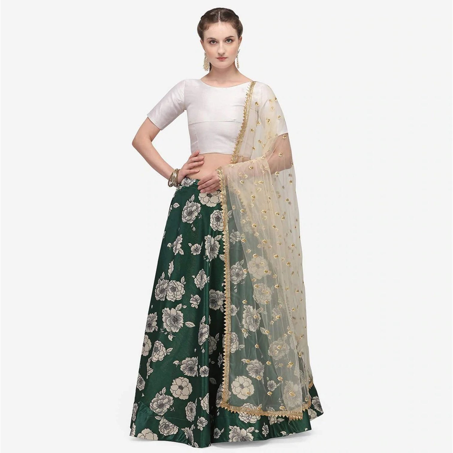 Dark Green Color Zari Satin Lehenga Choli with Net Dupatta
