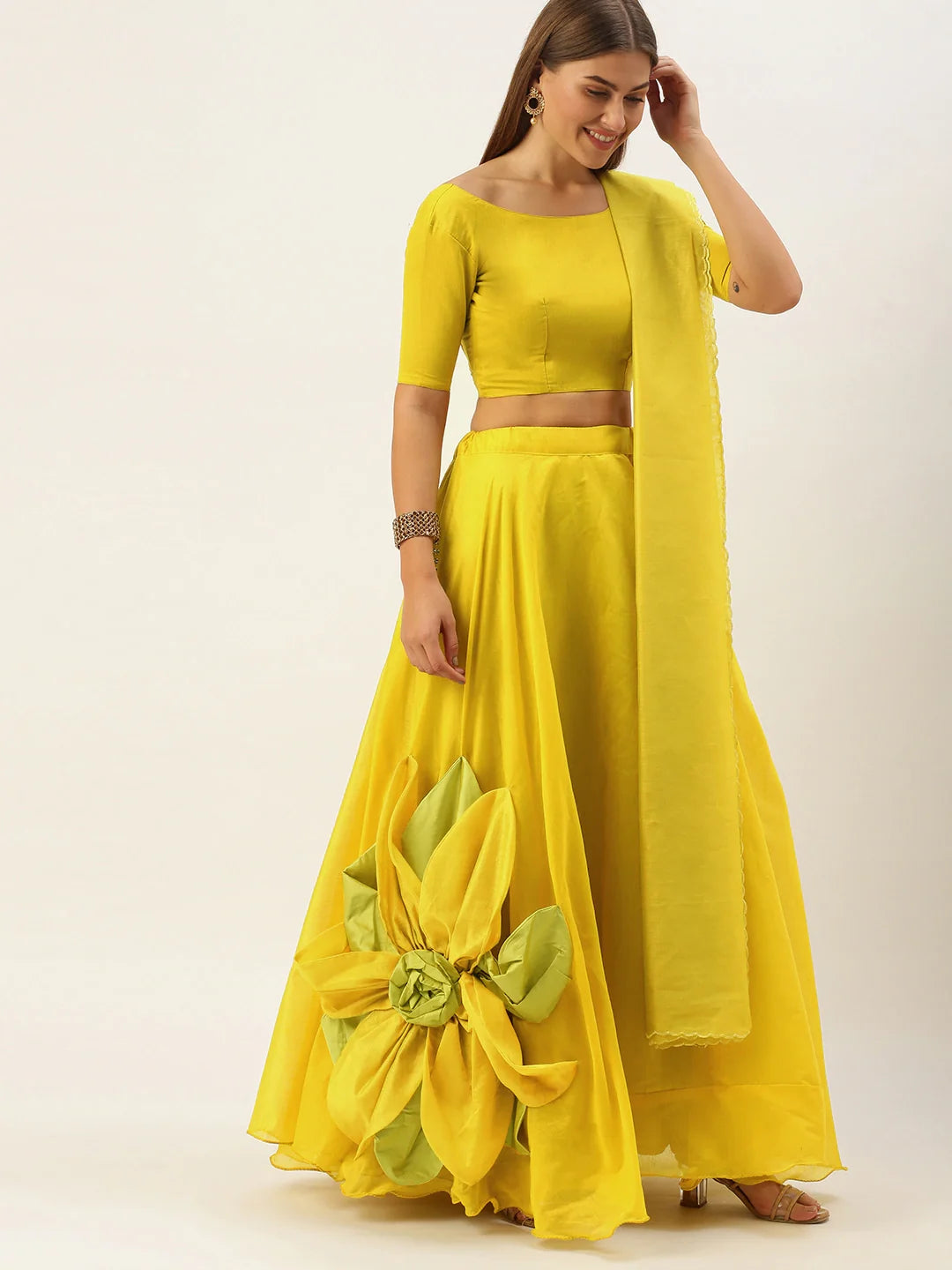 Yellow Silk Lehenga Choli with Flower attached