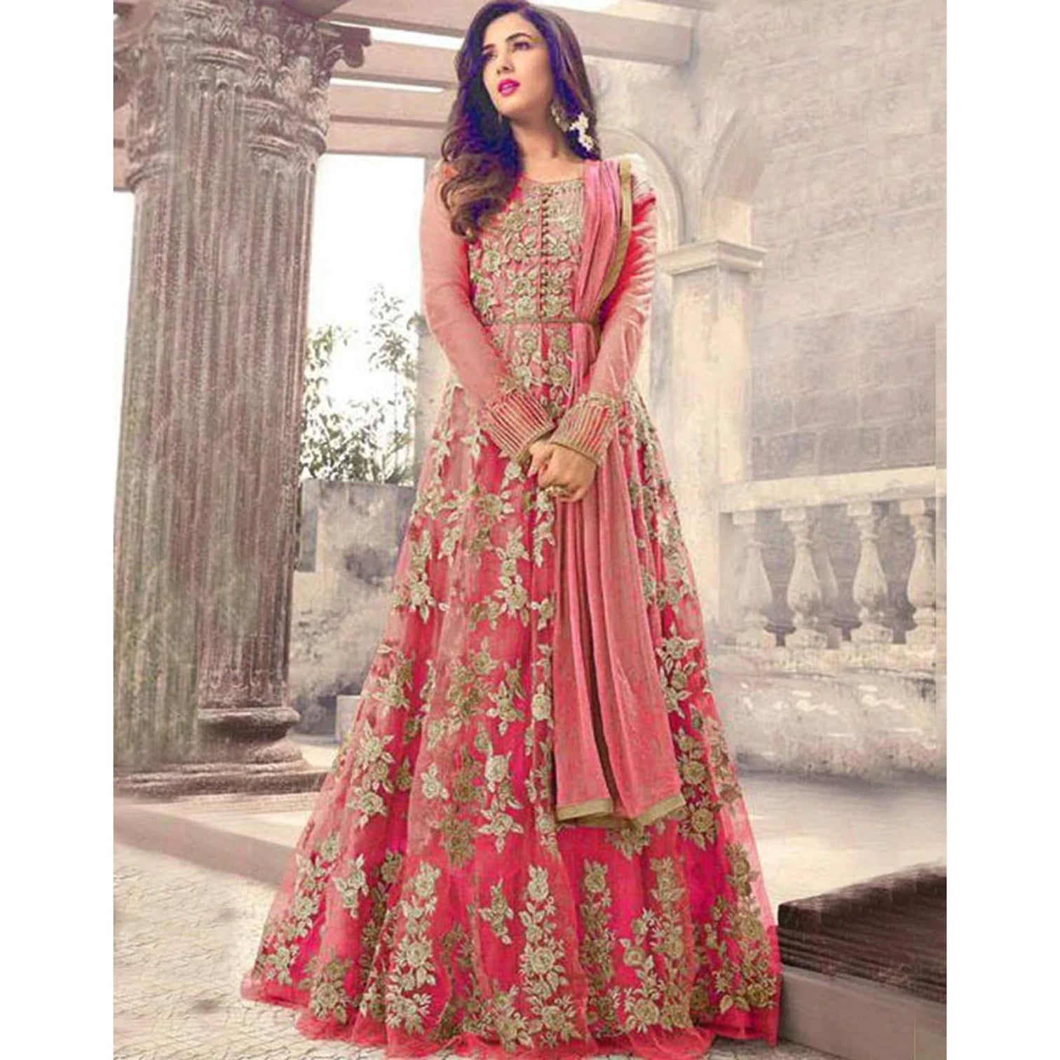 Dark Pink Designer Gown with Heavy Embroidery and Stone Work
