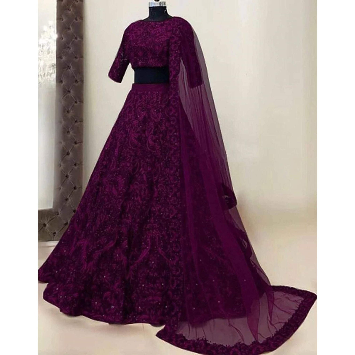 Dark Purple Soft Net Designer Embroidered Sequence Work Lehenga Choli