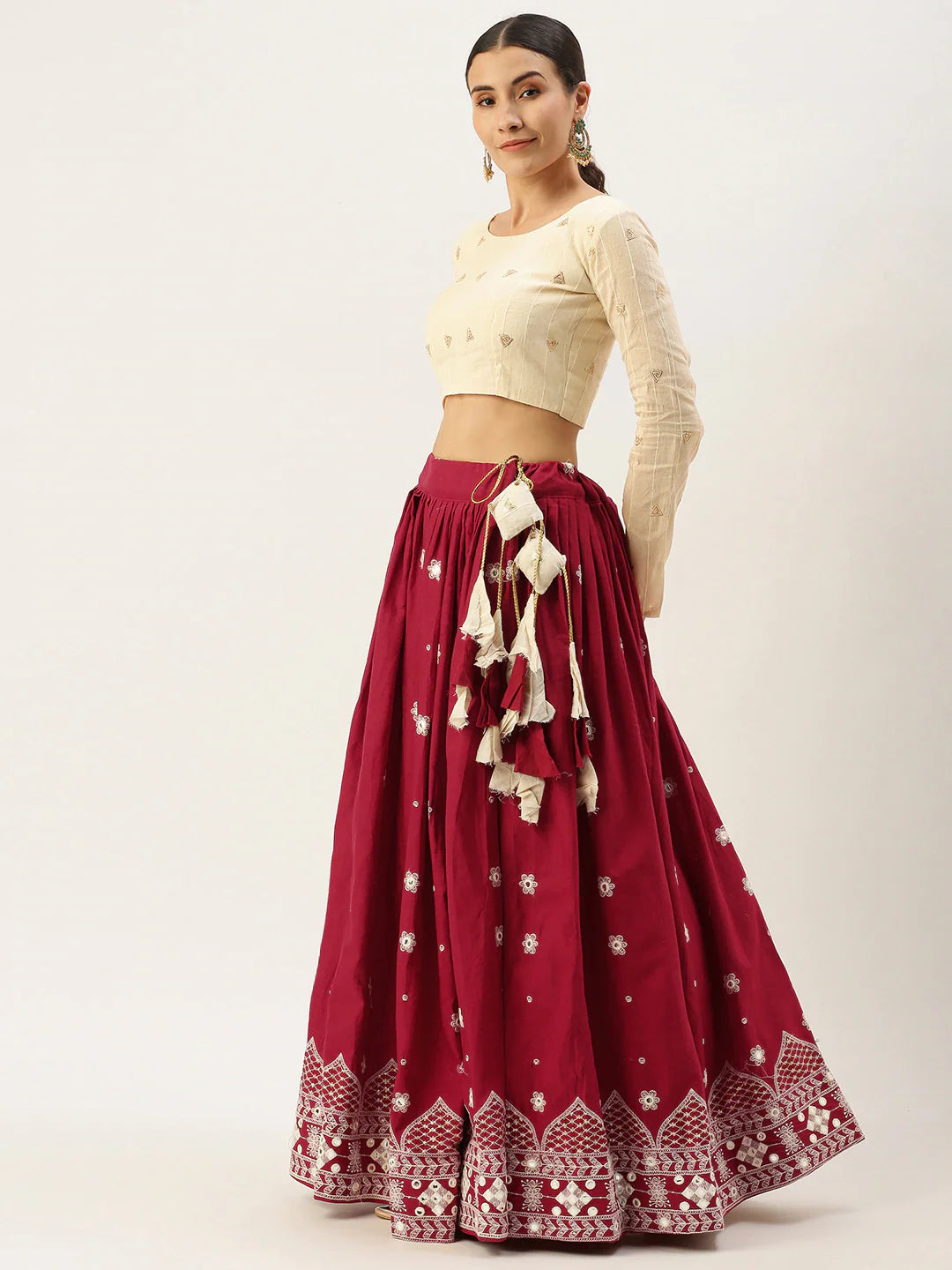 Maroon and beige woven design lehenga choli