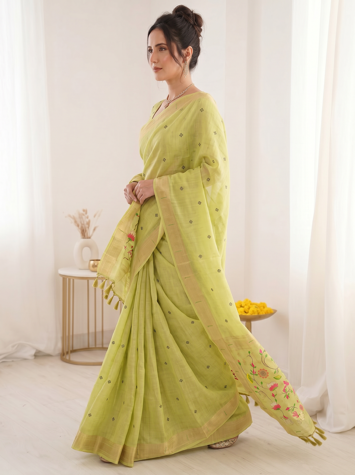 Pista Premium Soft Muga Cotton Saree with Paithani Swan Meenakari Pallu