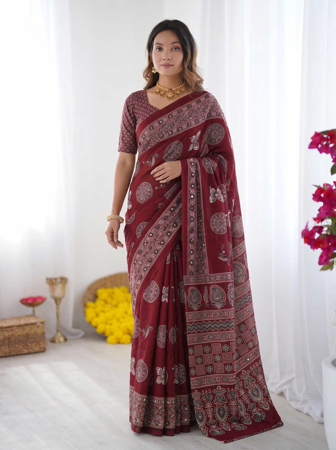 Maroon modal silk saree with paisley circular motif print designer heritage pallu saree for festive wear mameraa