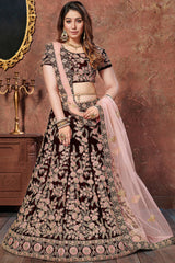Amazing Dark Maroon Thread Embroidered Velvet Silk Bridal Lehenga Choli