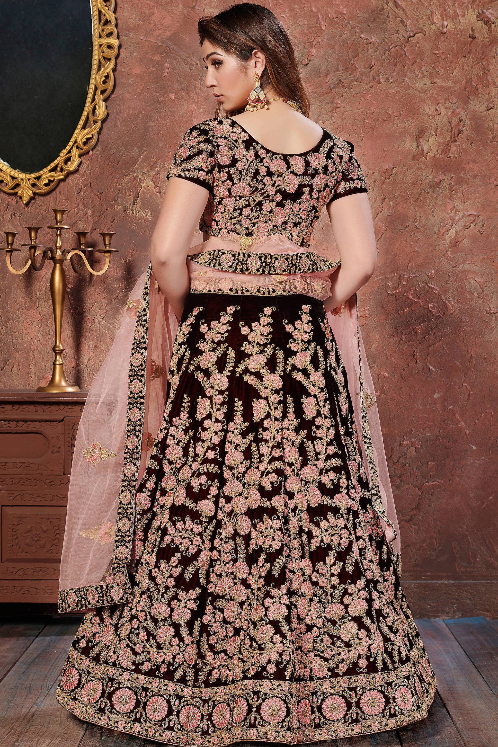 Amazing Dark Maroon Thread Embroidered Velvet Silk Bridal Lehenga Choli