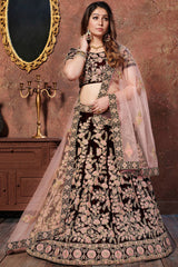 Amazing Dark Maroon Thread Embroidered Velvet Silk Bridal Lehenga Choli