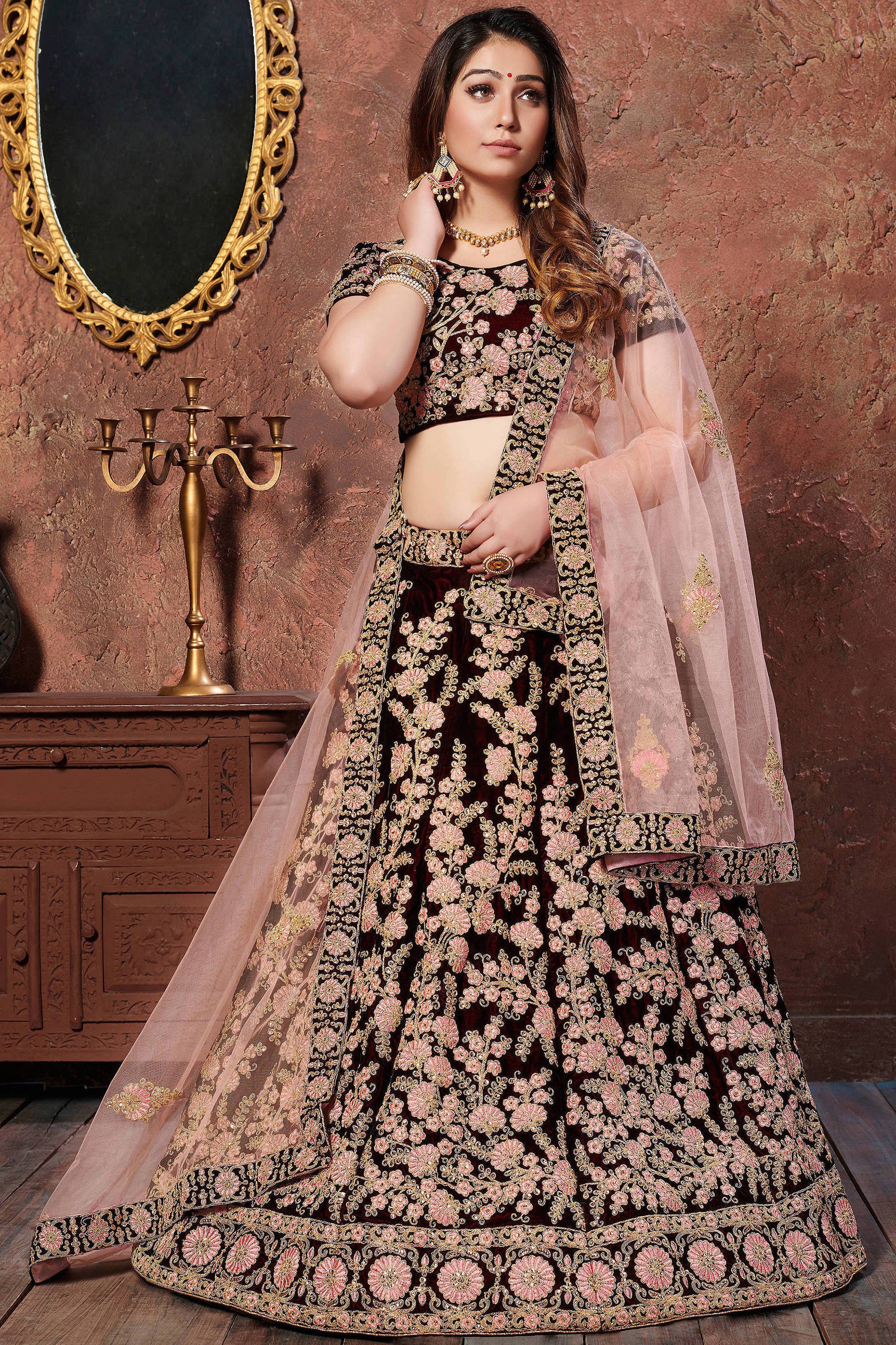 Amazing Dark Maroon Thread Embroidered Velvet Silk Bridal Lehenga Choli