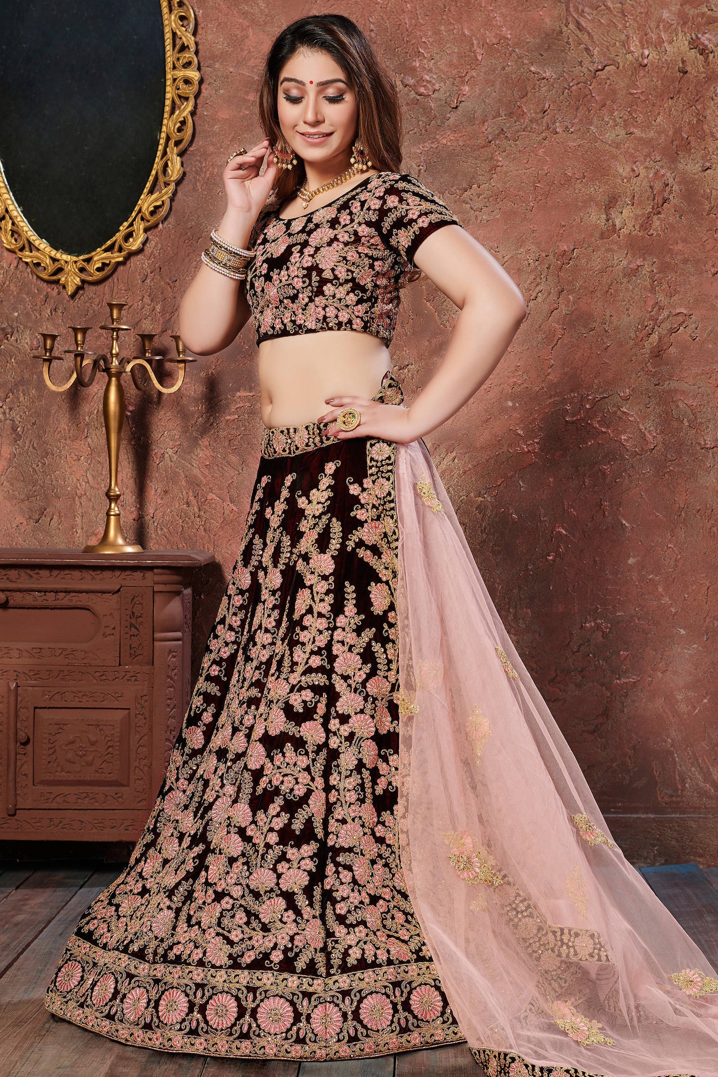 Amazing Dark Maroon Thread Embroidered Velvet Silk Bridal Lehenga Choli