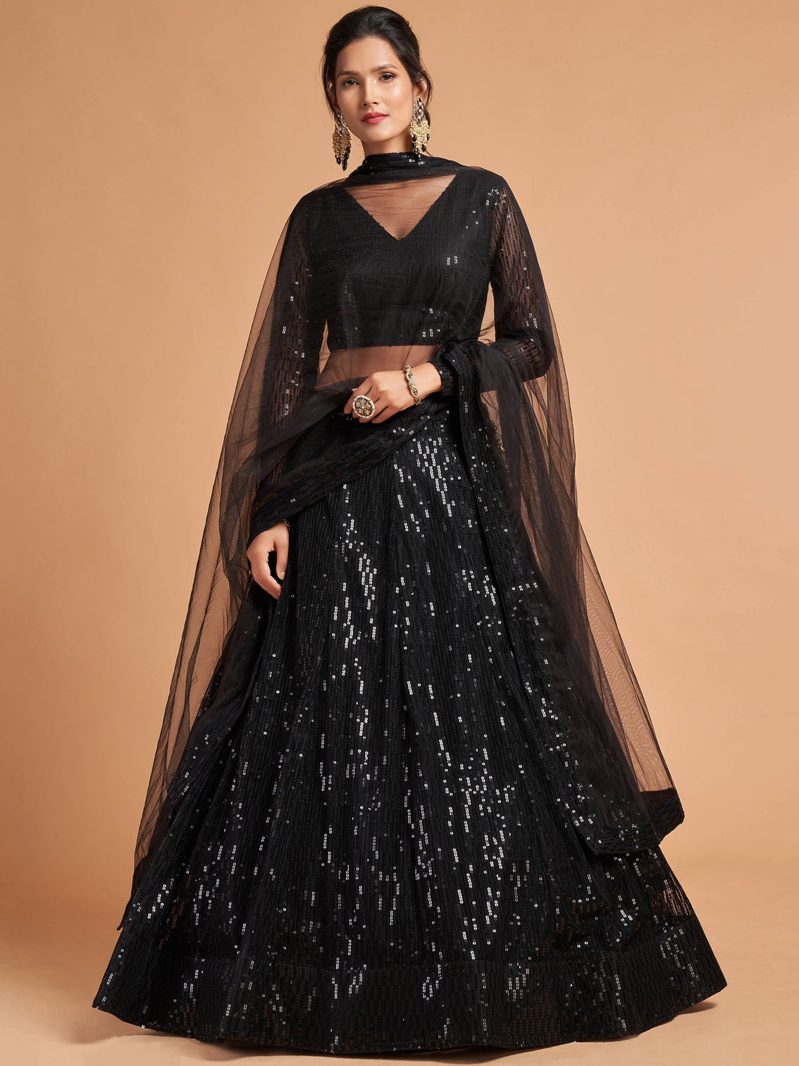 Shocking Black Sequence Embroidered Party Wear Net Lehenga Choli