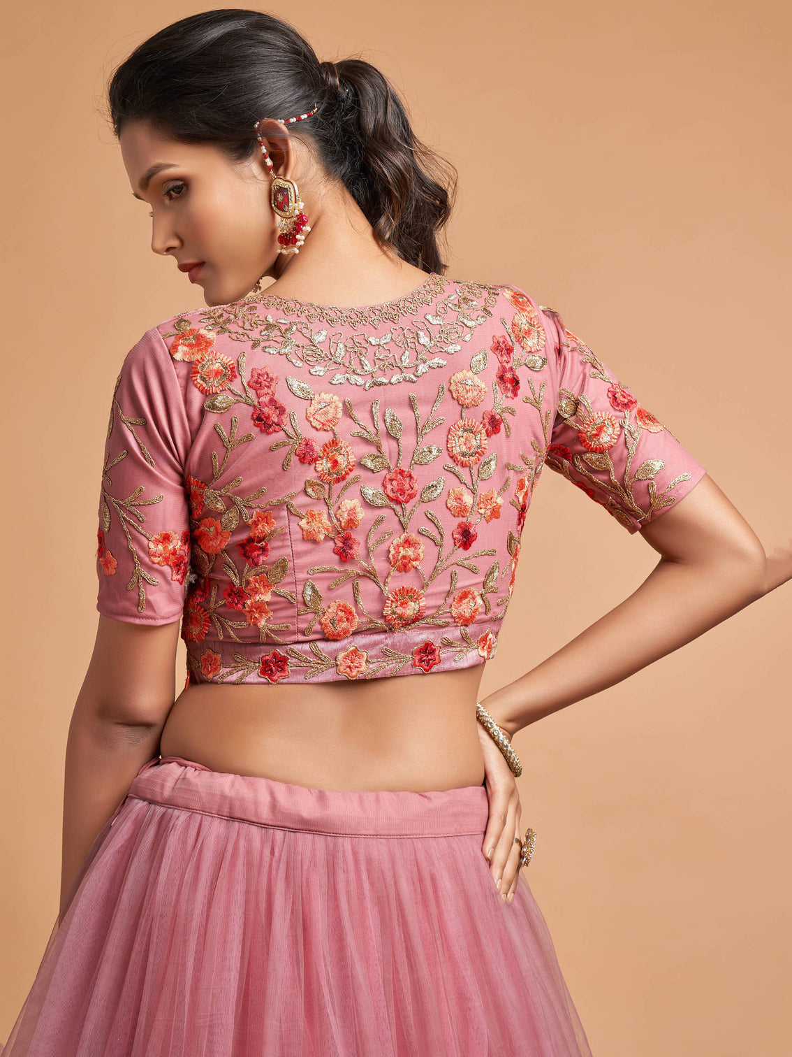 Miraculous Dusty Pink Thread Embroidery Net Party wear Lehenga Choli