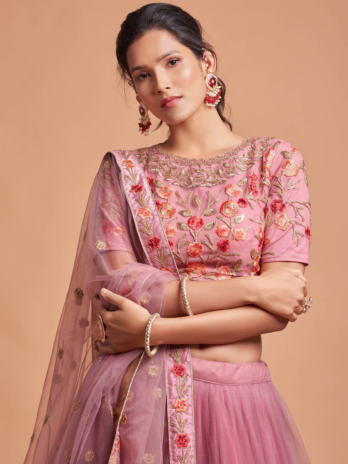 Miraculous Dusty Pink Thread Embroidery Net Party wear Lehenga Choli