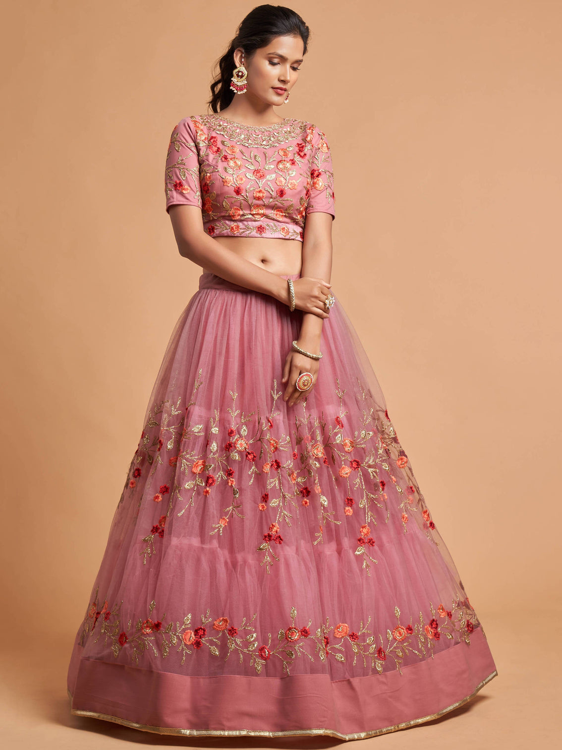 Miraculous Dusty Pink Thread Embroidery Net Party wear Lehenga Choli