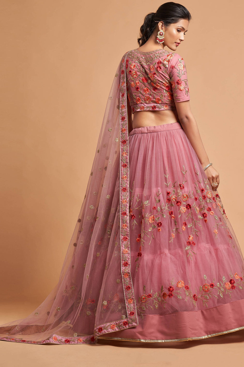 Miraculous Dusty Pink Thread Embroidery Net Party wear Lehenga Choli