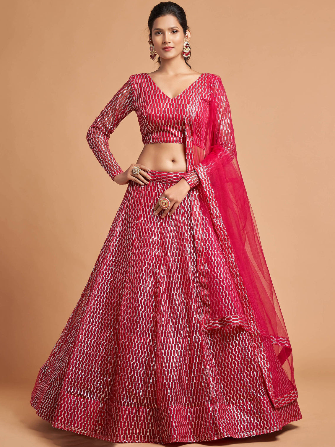 Luxurious Hot Pink Thread Embroidery Net Party wear Lehenga Choli